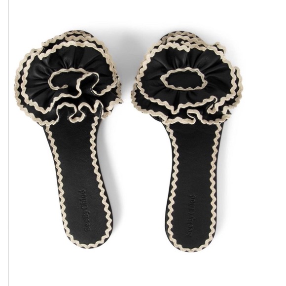 See by Chloe Ruffle Flower Slide Sandals Black & Beige Designer Shoes Size EU38 - Picture 1 of 9